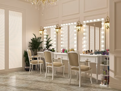 Luxurious Closet Interior Design With Mirrored Vanity Chandelier Chairs And Potted Plants 3d model