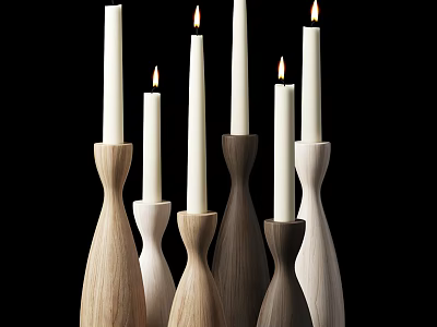 Wooden Candle Holders With Lit White Candles In Various Shapes On Black Background 3d model
