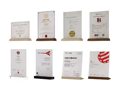 Various Design Trophies and Awards with Wooden Bases and Glass Plaques 3d model