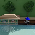 Floating Glass House With Brown Roof Blue Umbrella Trees And Waterfront Deck
