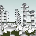 Futuristic Spiral High Rise Buildings Surrounded By Green Trees In Urban Area
