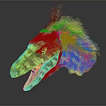 Detailed Feathered Dinosaur Head With Green Yellow Plumage And Red Eyes