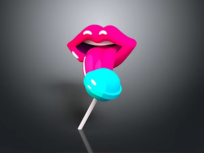 Colorful Lip Shaped Lollipop With Blue Ball And White Stick On Dark Background 3d model