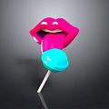 Colorful Lip Shaped Lollipop With Blue Ball And White Stick On Dark Background
