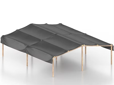 Cozy Wooden House Outdoor Area With Black Canopy And Metal Support Structure 3d model