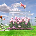 Transparent Bag Shaped Installation Filled With Pink Tulips On Green Grass For Spring Blossom Theme