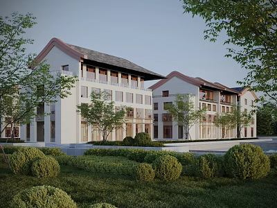 Traditional Commercial Street With Modern Shops Green Landscaping And Pedestrian Walkways 3d model
