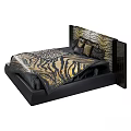 Double Bed with Zebra Print Headboard Leopard Print Blanket and Black Frame 3d model