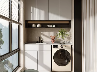 Modern Home Balcony With White Cabinets Washing Machine Sink Potted Plant And Large Window Blinds 3d model