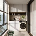 Modern Home Balcony With White Cabinets Washing Machine Sink Potted Plant And Large Window Blinds