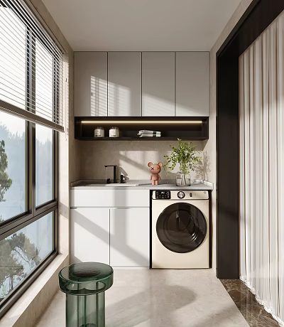 Modern Home Balcony With White Cabinets Washing Machine Sink Potted Plant And Large Window Blinds 3d model