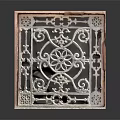 Traditional Iron Decorative Grille With Intricate Filigree Symmetrical Floral Patterns And Wooden Frame