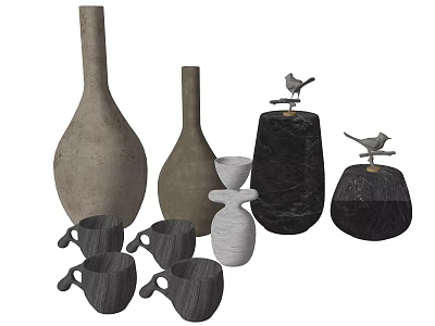 Elegant Ceramic Vessels Featuring Various Shaped Vases Decorative Mugs And Small Bird Ornaments 3d model