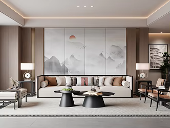 New Chinese Style Living Room Sofa Coffee Table Combination Hanging Painting Floor Lamp Jewelry Ornaments 3d model