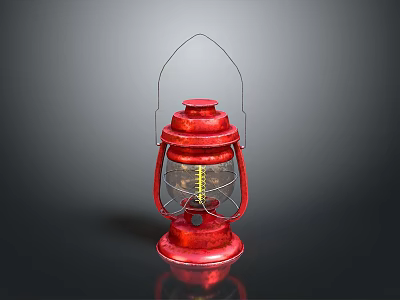 Vintage Red Candle Lantern with Metal Frame Handle and Transparent Glass Design 3d model