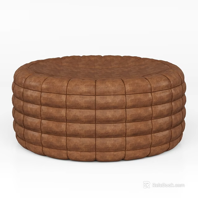 Stylish Brown Round Leather Stool With Tufted Panel Design And Modern Textured Finish 3d model 