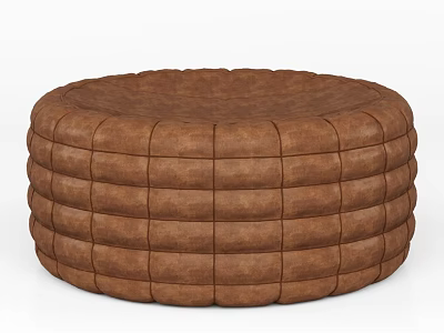 Stylish Brown Round Leather Stool With Tufted Panel Design And Modern Textured Finish 3d model