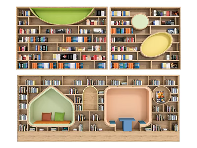 Creative Bookcase With Unique Shapes Colorful Seating And Playful Storage Design 3d model