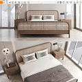 Modern Double Bed With Woven Headboard Pillows And Nightstands Table Lamps Near Windows