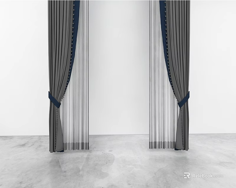 Modern Double Layer Curtains With Sheer Panels And Navy Decorative Tiebacks 3d model
