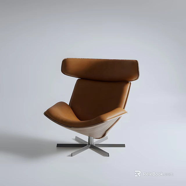 Modern Brown Leather Leisure Chair With High Backrest And Metal Base 3d model 