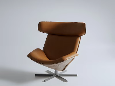 Modern Brown Leather Leisure Chair With High Backrest And Metal Base 3d model