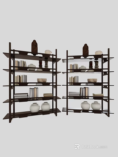Modern Dark Colored Multi Tiered Bookcase With Books Vases And Decorative Items 3d model