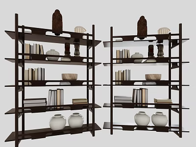 Modern Dark Colored Multi Tiered Bookcase With Books Vases And Decorative Items 3d model