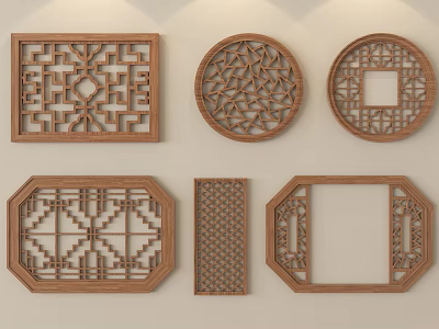 Traditional Wooden Carved Windows with Various Shapes Square Round Octagonal and Intricate Lattice Patterns 3d model