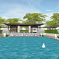Outdoor Pergola By Swimming Pool With Loungers Trees And People Relaxing