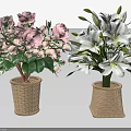 Pink Roses and White Lilies in Woven Basket Vases for Home Decoration