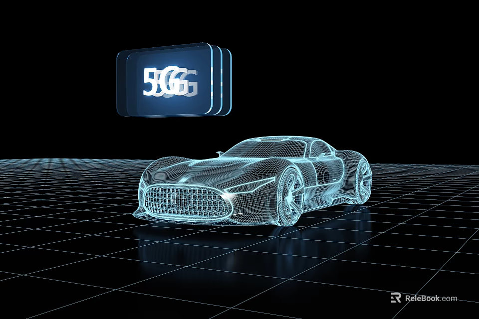 Futuristic 5G Concept Car With Wireframe Design On Grid Pattern Floor 3d model 