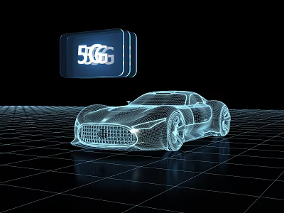 Futuristic 5G Concept Car With Wireframe Design On Grid Pattern Floor 3d model