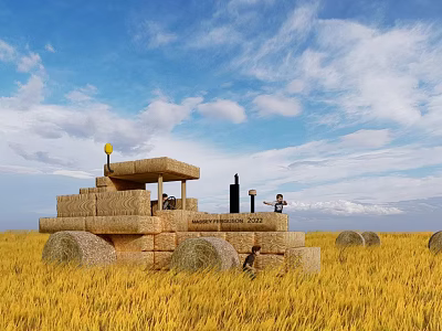 Rustic Garden Decor with Straw Bale Hut Yellow Lamp and Figures in Golden Wheat Field 3d model