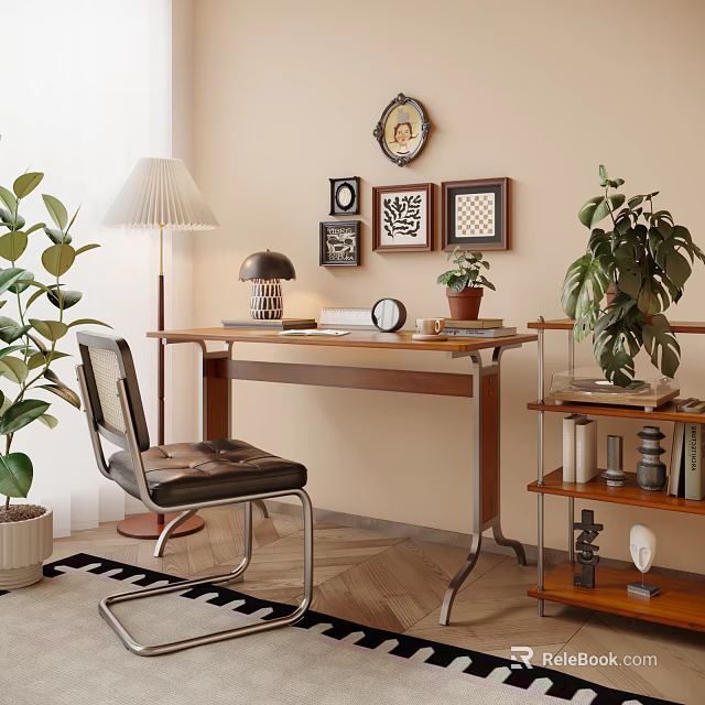Cozy Home Desk Setup With Chair Lamp Clock Plants Framed Artworks And Bookshelf 3d model 
