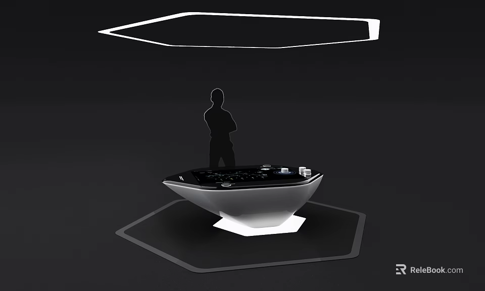 Futuristic Console Scene With Standing Human Silhouette And Illuminated Ceiling Structure 3d model