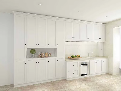 Modern White Kitchen Interior With Cabinets Countertop Fruits And Jars 3d model
