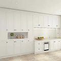 Modern White Kitchen Interior With Cabinets Countertop Fruits And Jars