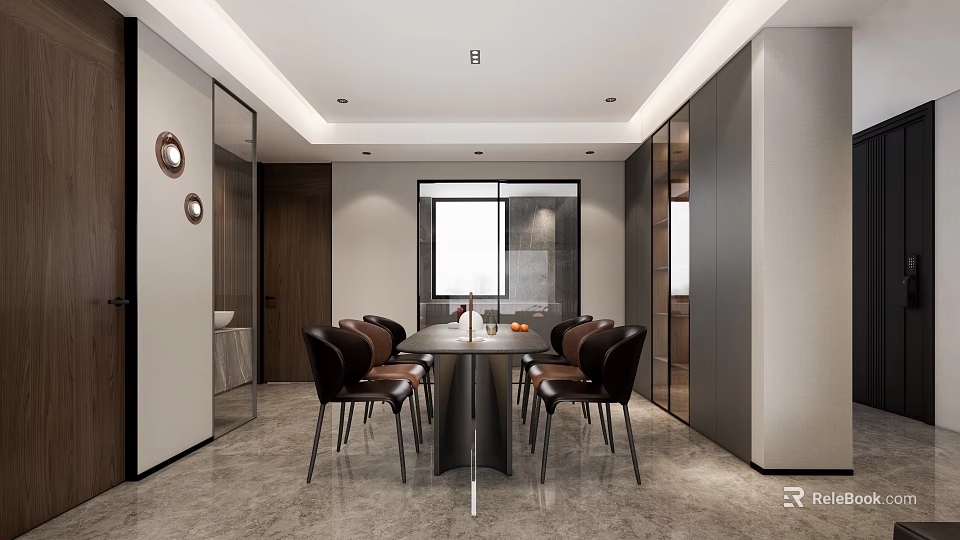 Modern Restaurant Interior Design With Round Dining Table Brown Chairs Large Windows And Mirror Decorations 3d model 