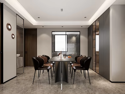 Modern Restaurant Interior Design With Round Dining Table Brown Chairs Large Windows And Mirror Decorations 3d model