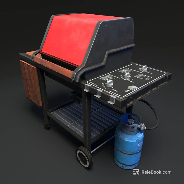 Black Grill With Red Lid Blue Gas Cylinder On Wheels And Wooden Panel 3d model 