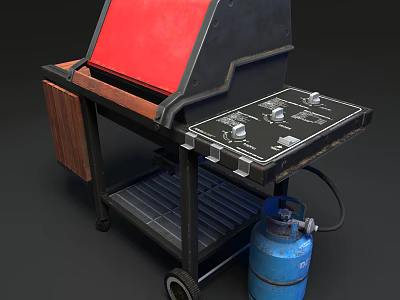 Black Grill With Red Lid Blue Gas Cylinder On Wheels And Wooden Panel 3d model