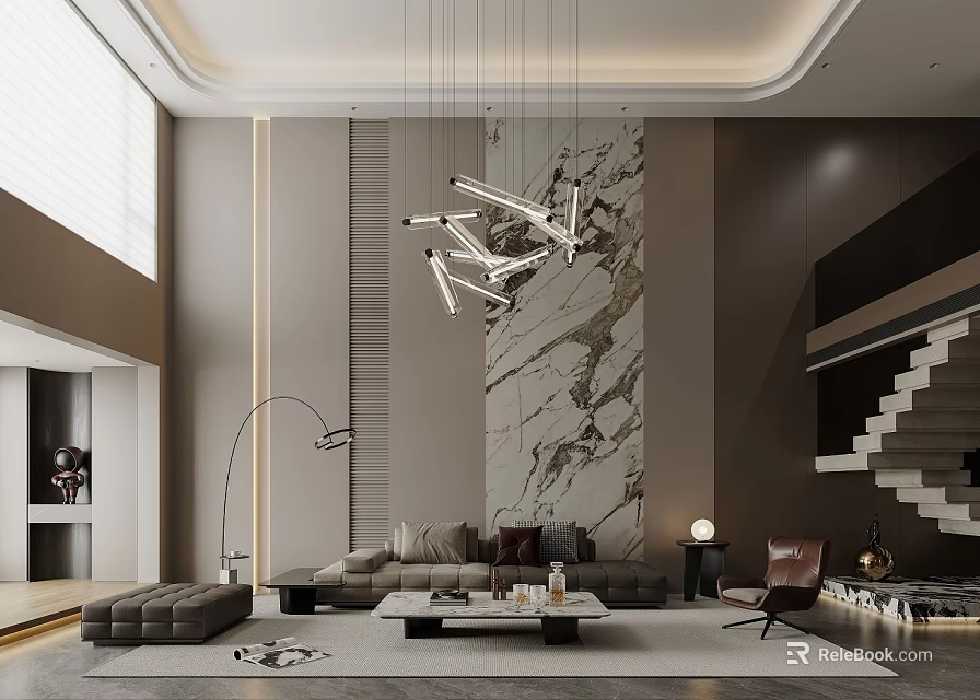 Modern Duplex Living Room Interior With High Ceiling Chandelier Marble Wall Sofa And Staircase 3d model 