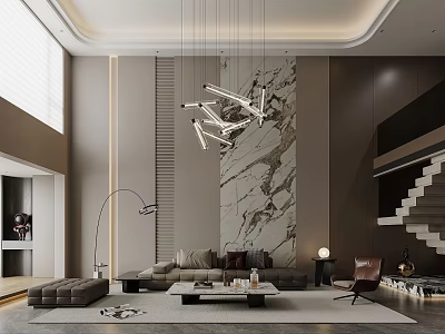 Modern Duplex Living Room Interior With High Ceiling Chandelier Marble Wall Sofa And Staircase 3d model