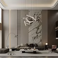 Modern Duplex Living Room Interior With High Ceiling Chandelier Marble Wall Sofa And Staircase