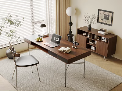 Modern Wooden Desk Interior With Laptop Book Table Lamp Chair And Floor Lamp 3d model