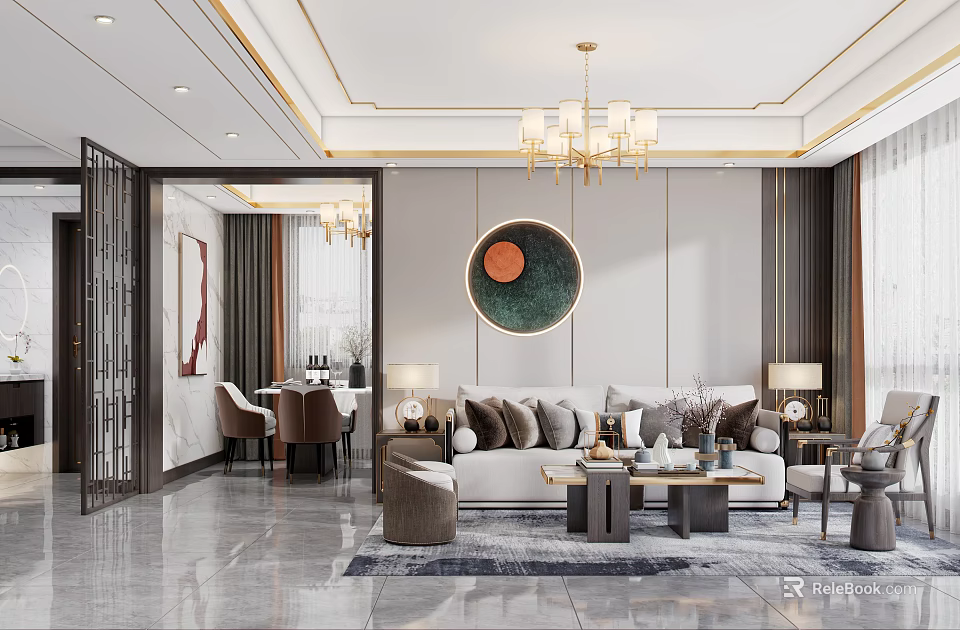 Modern Living And Dining Room Interior With Chandelier Sofa Dining Table And Round Wall Art 3d model 
