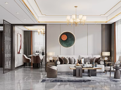 Modern Living And Dining Room Interior With Chandelier Sofa Dining Table And Round Wall Art 3d model
