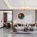 Modern Living And Dining Room Interior With Chandelier Sofa Dining Table And Round Wall Art