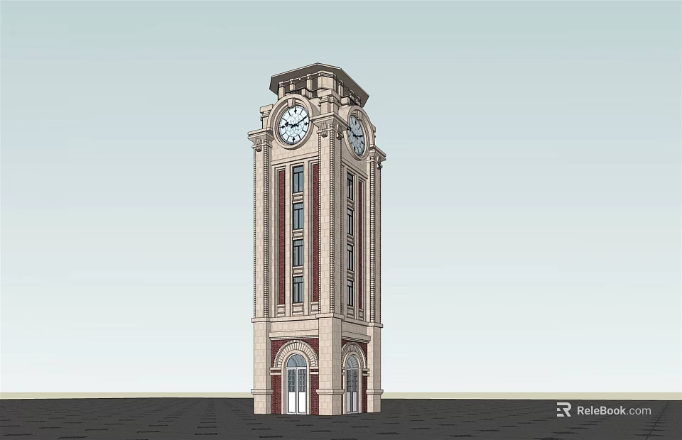The Classical Clock Tower Featuring Twin Clocks Arched Doors and Stone Exterior Design 3d model